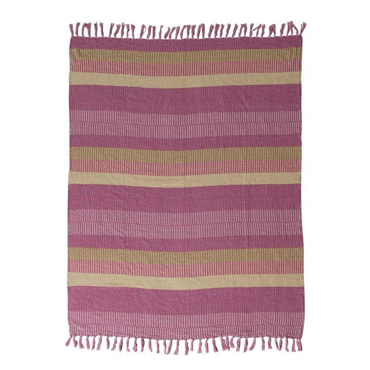 Woven Recycled Cotton Blend Stripe and Fringe Throw Blanket
