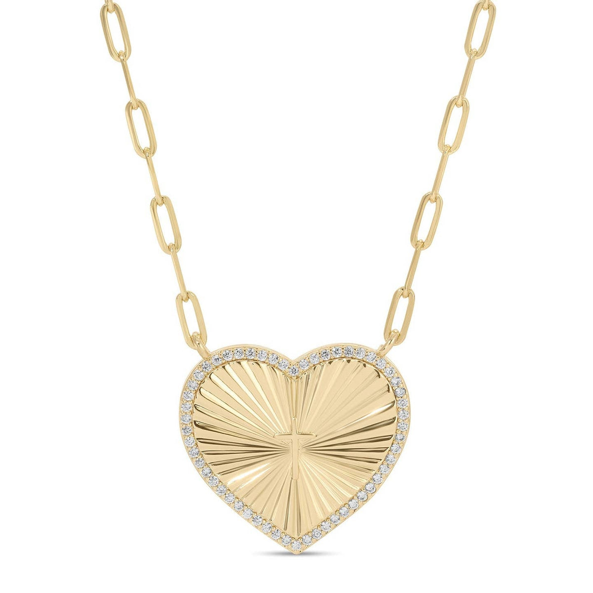 Pavé Cross Accented Heart Paperclip Necklace