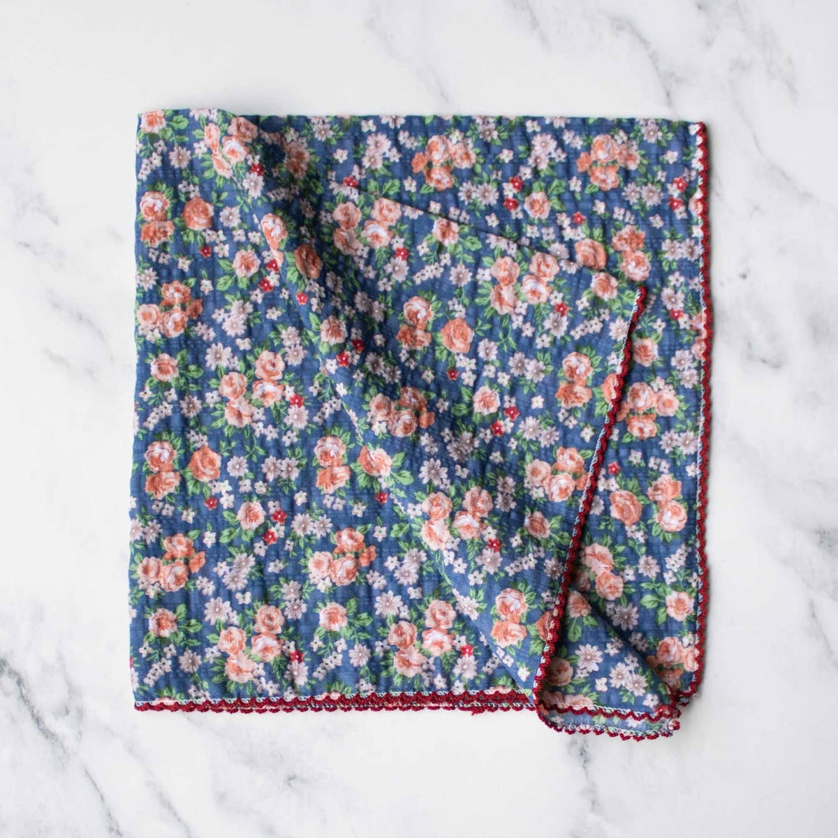 Rose Garden Cotton Scarf- Denim/Coral