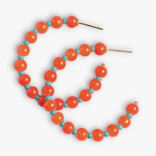 Angela Round Stones With Alternating Seed Bead Hoop Earrings Coral
