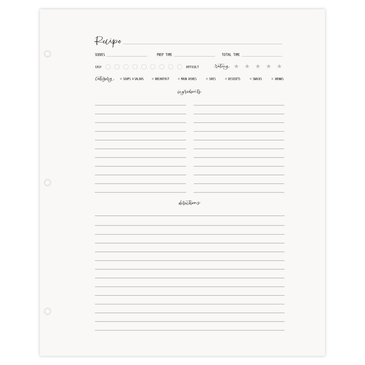 Large Recipe Page Set