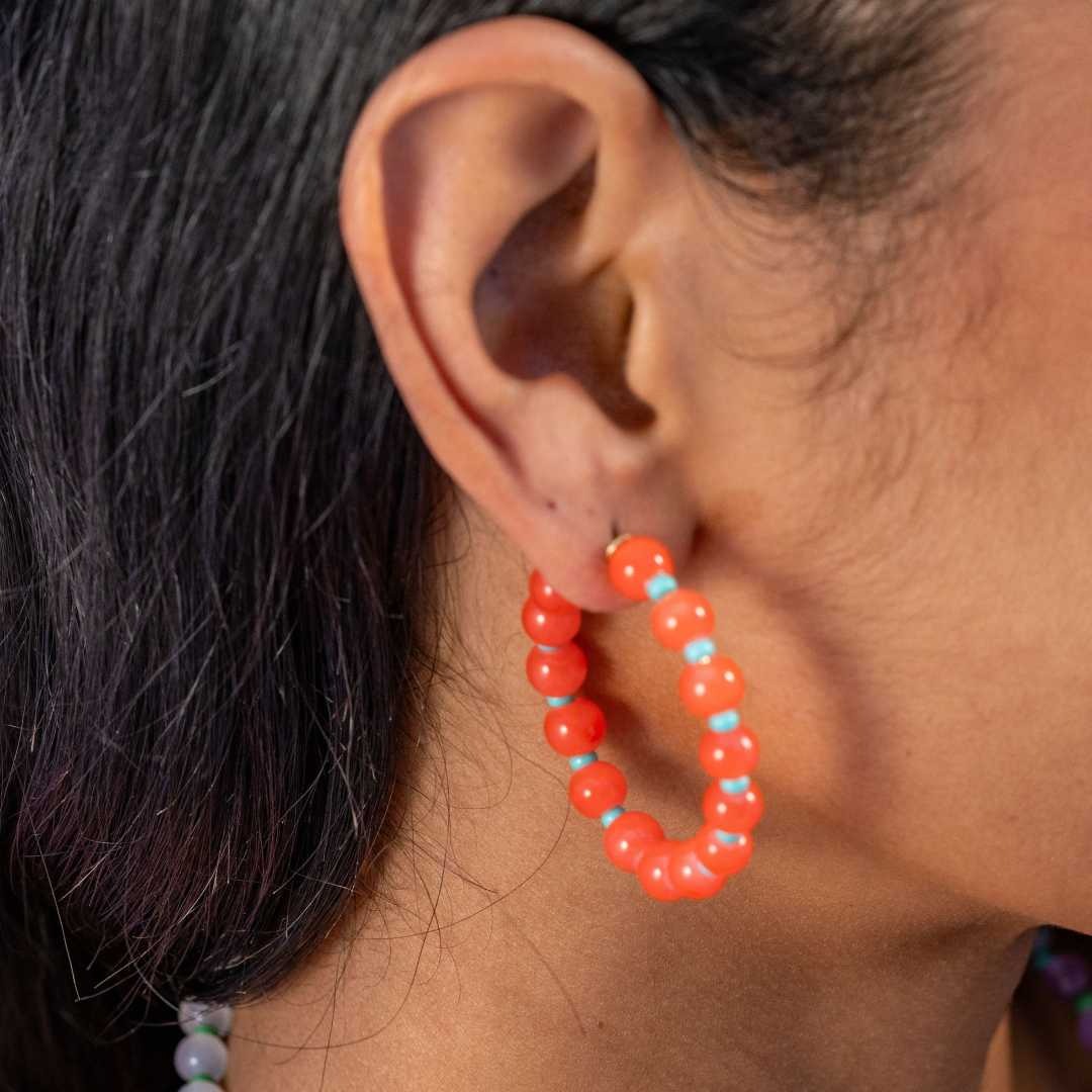 Angela Round Stones With Alternating Seed Bead Hoop Earrings Coral