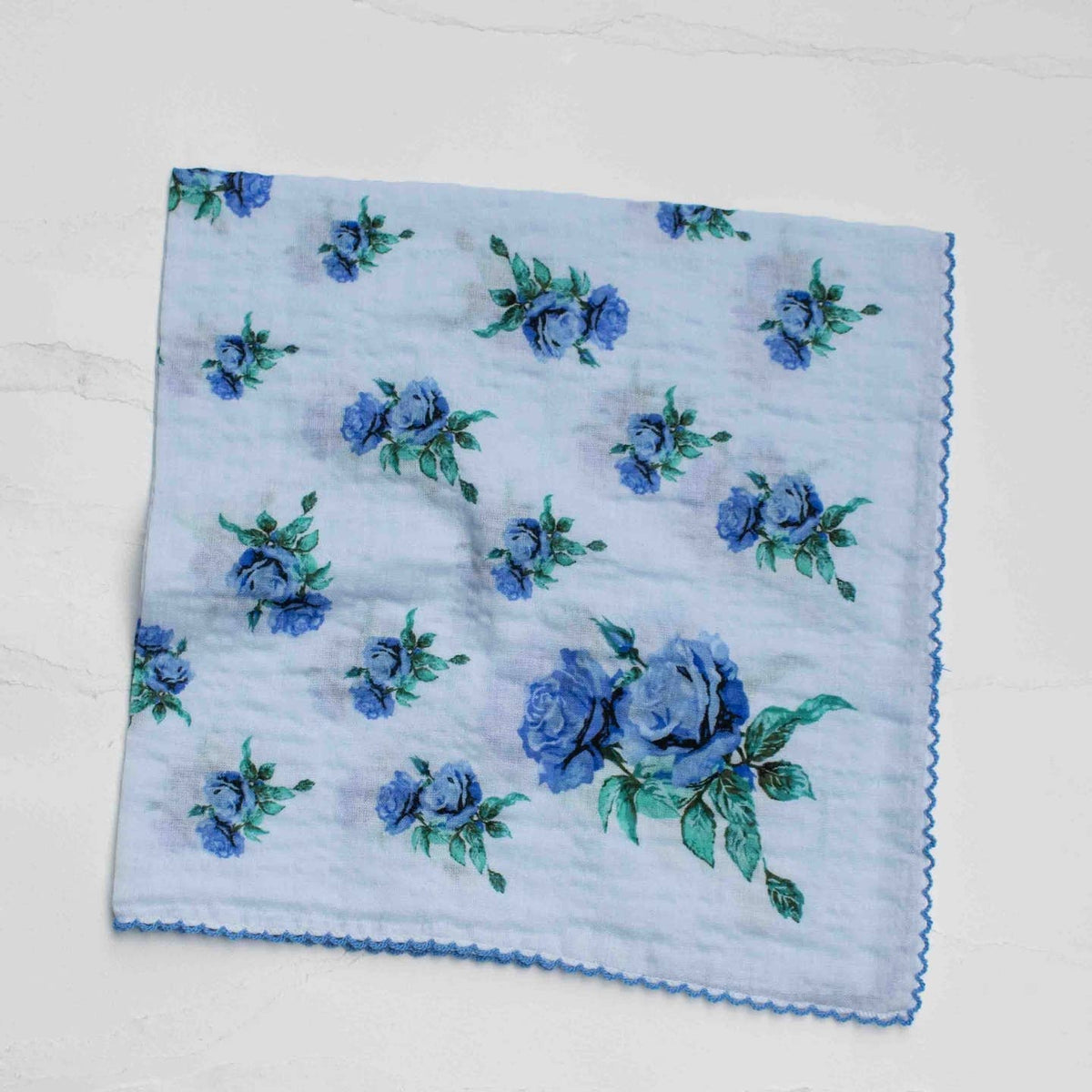 Vintage Rose Print Cotton Scarf- Blue