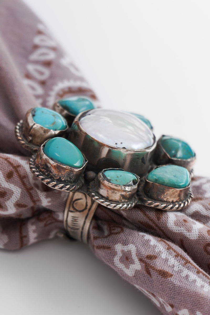 Cluster Pearl/Turquoise Flower Scarf Ring
