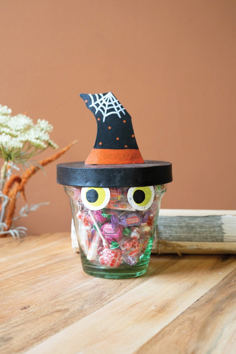 Painted Metal Glass Treat Jar- Witch Hat