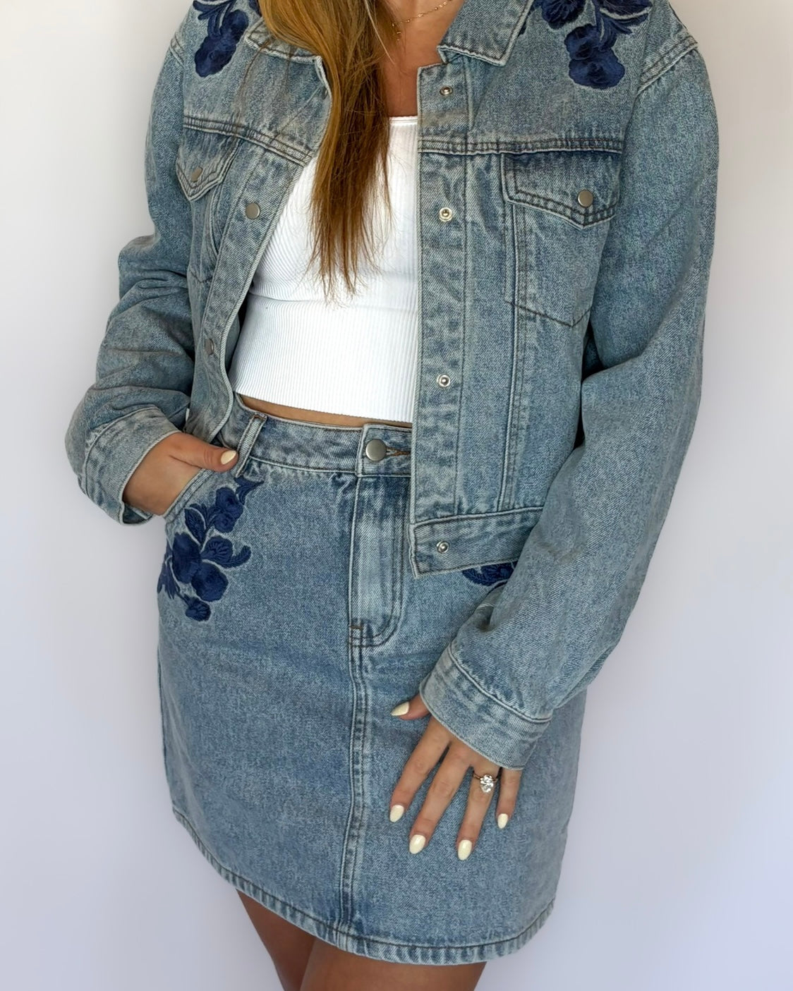 Most Likely Embroidered Denim Skirt