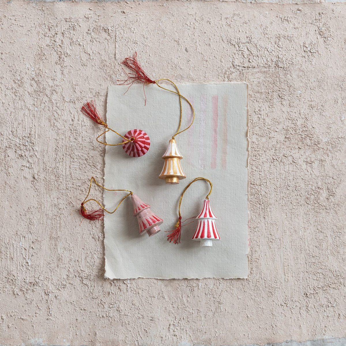 Hand-Painted Wood Tree Ornament with Stripes & Tassel