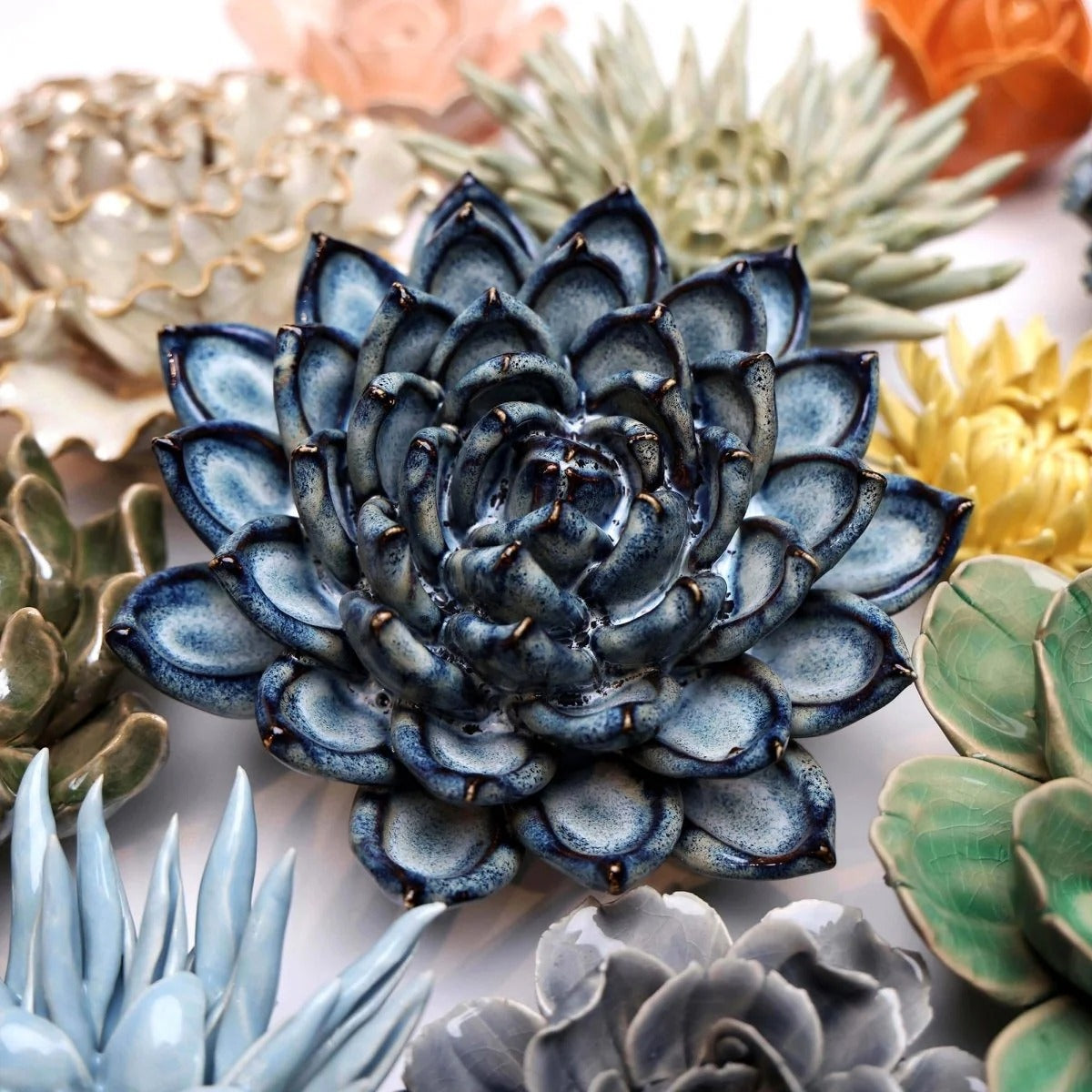 Blue Succulent Ceramic Wall Flower