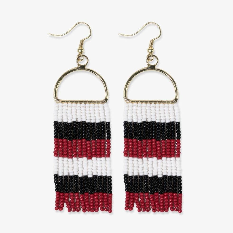 Allison Game Day Horizontal Stripe Beaded Fringe Earrings Red + Black