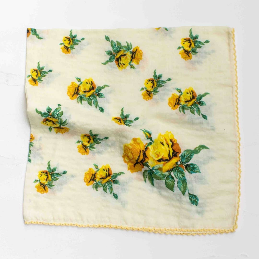 Vintage Rose Print Cotton Scarf- Yellow
