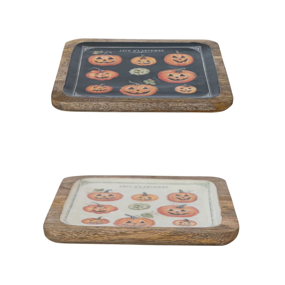 Enameled Mango Wood Trays with Jack-O-Lanterns