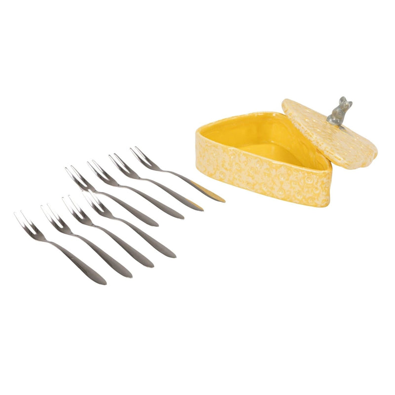 Stoneware Cheese Shaped Container with Lid & 8 Appetizer Forks
