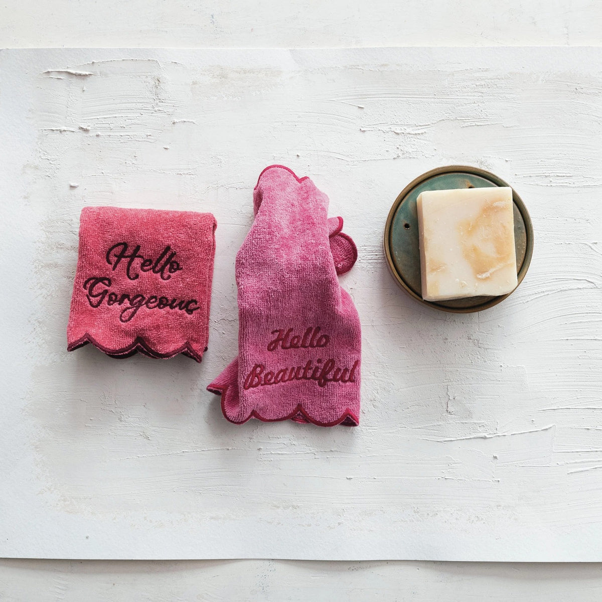 Scalloped Cotton Terry Wash Cloths w/ Embroidered Saying, Set of 2