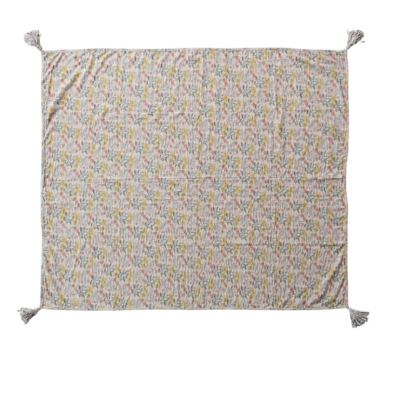 Cotton Chambray Printed Throw, Kantha Stitch & Tassels