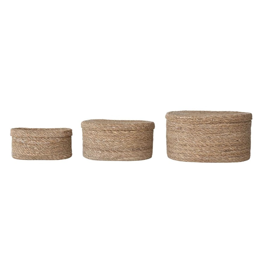 Oval Hand-Woven Seagrass Basket with Lid