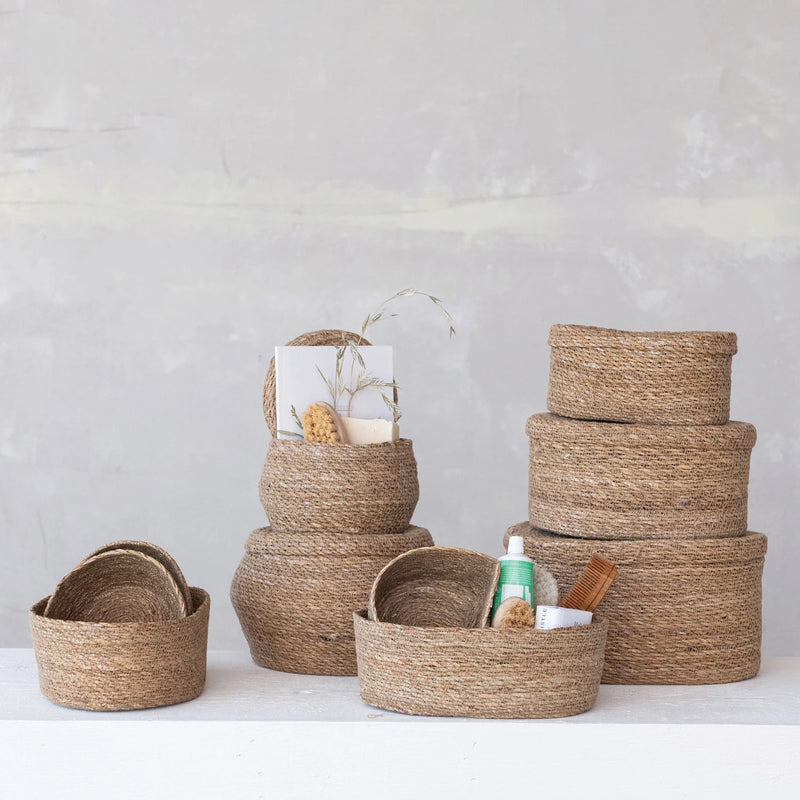 Oval Hand-Woven Seagrass Basket with Lid