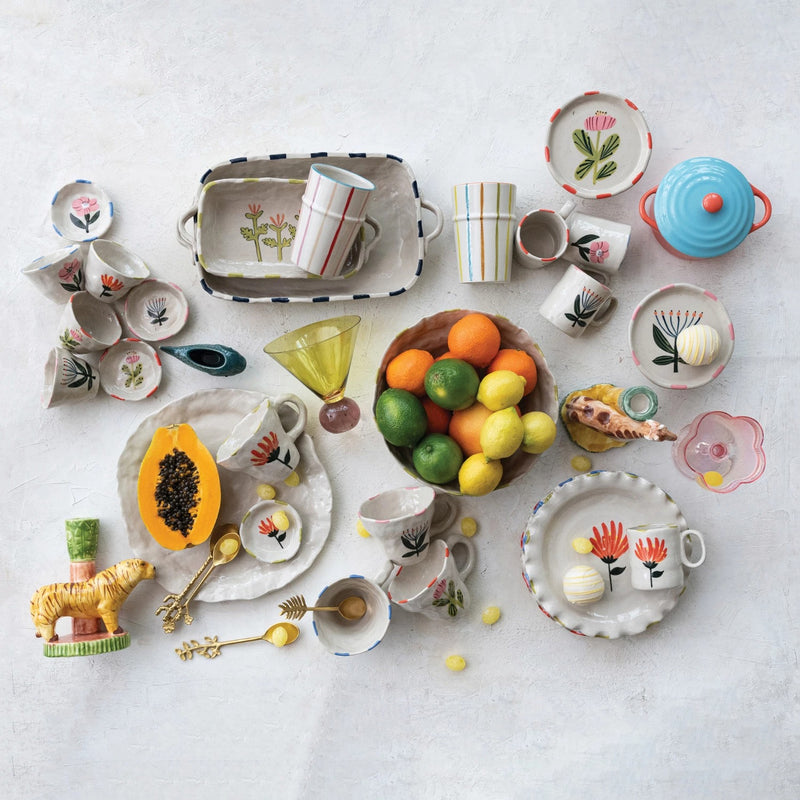 Hand-Painted Stoneware Dish with Flower Image