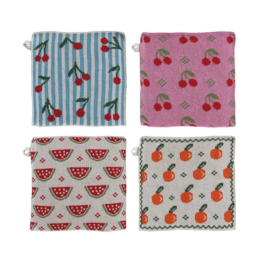 Cotton Knit Dish Cloth with Fruit Pattern