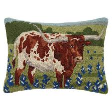 Longhorn in Bluebonnets Hook Pillow