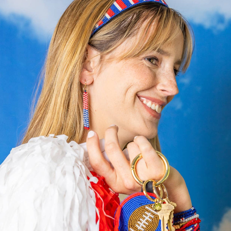 Game Day Tassel Seed Bead Earrings- Blue + Red