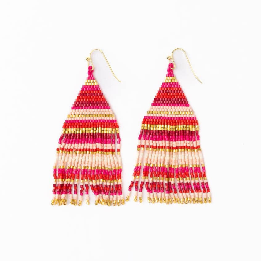 Lexie Horizontal Stripes Beaded Fringe Earrings-Mixed Hot Pink