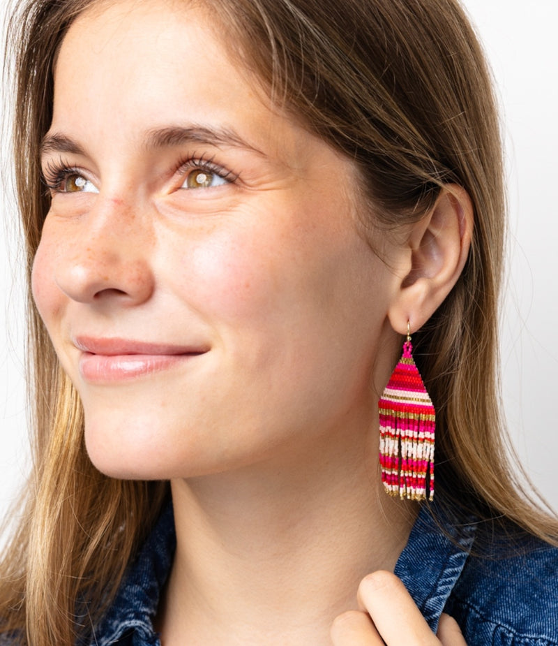 Lexie Horizontal Stripes Beaded Fringe Earrings-Mixed Hot Pink