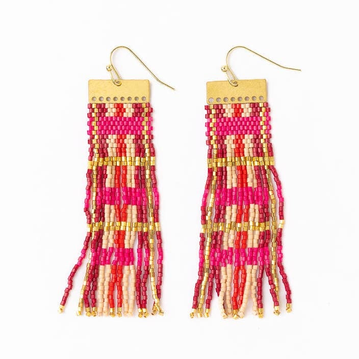 Mckenzie Brass Bar Long Fringe Earrings- Hot Pink + Gold