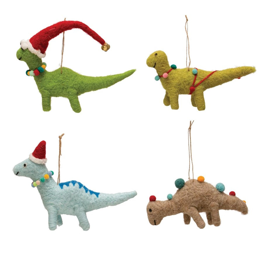 Wool Felt Dinosaur Ornament w/ Seasonal Accessories, Multi Color, 4 Styles