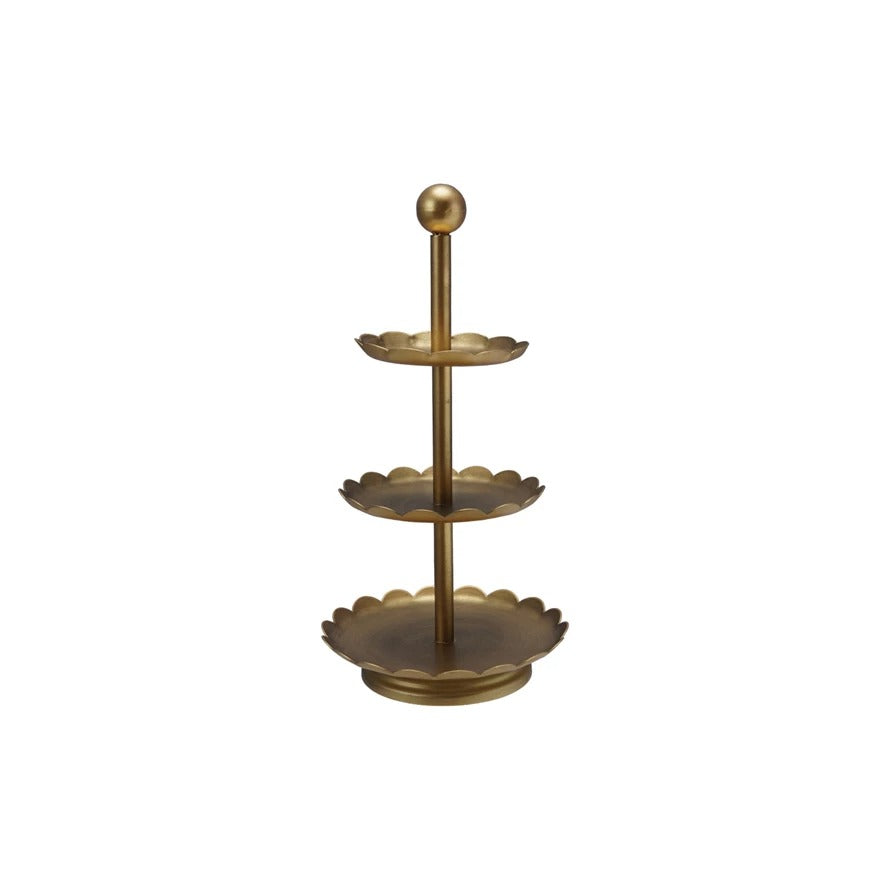 Decorative Gold Metal 3-Tier Tray with Scalloped Edges